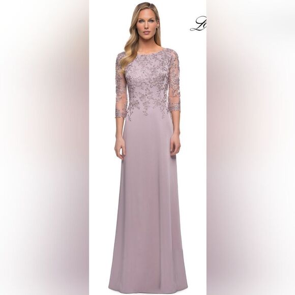 La Femme 29251 Illusion Sleeves Floral Top Dress NWT Sz 14 Light MAUVE/Pink - Picture 1 of 6